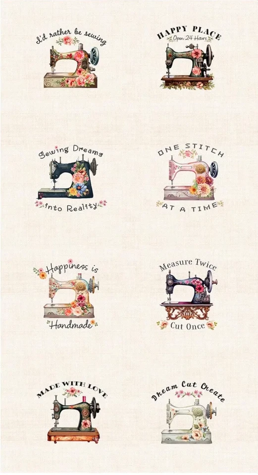 Timeless Treasure Happy Place Vintage Sewing Machine Cotton Fabric Panel 24 x 44 - Image 1 of 1