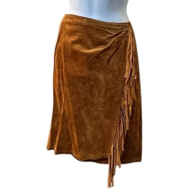 Carole Little Genuine Suede Fringe Skirt Women’s 12 Brown Wrap Boho Western - Image 1 of 4