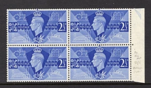 1946 2½d VICTORY U/MINT BLOCK OF FOUR WITH CONSTANT VARIETY. SG 491 - Picture 1 of 1
