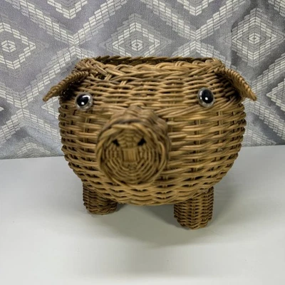 Cesta de cerdo con ojos de vidrio de mimbre de ratán boho-decoración de granja de cerdos-almacenamiento de llaves de caramelo Foto 1 de 4