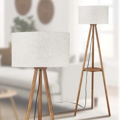Wood Tripod Floor Lamp with 3 Color Temparature LED Bulb, Farmhouse Shelf Woo... - Image 1 of 4