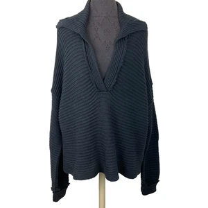 NWOT Free People Marlie Pullover Sweater Black Ribbed Fringe Deep V Oversized M - Picture 1 of 16