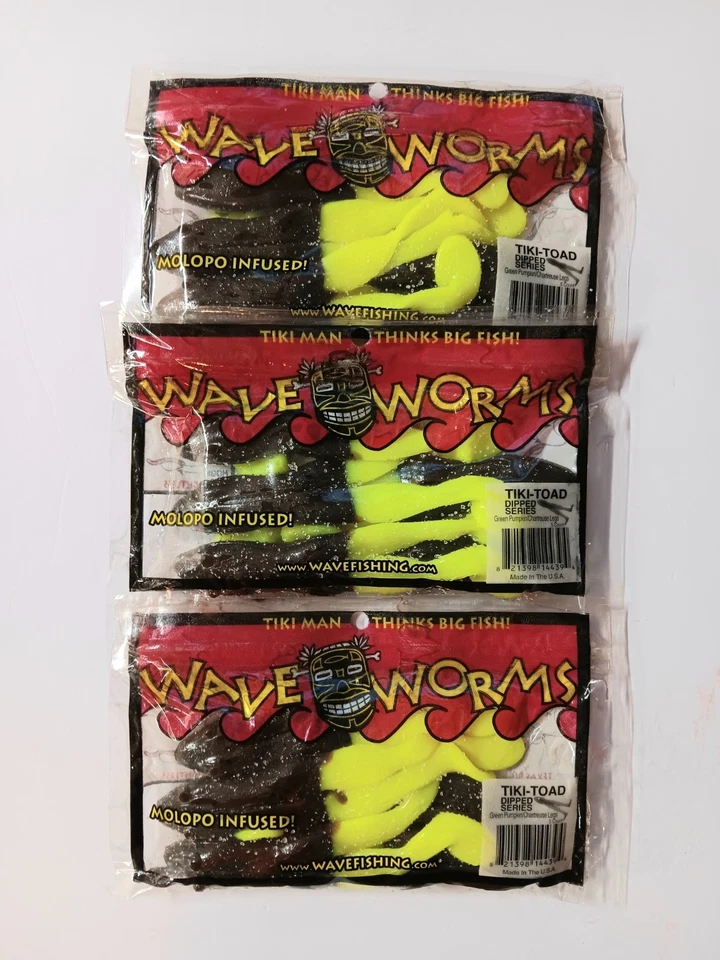 3 Paquetes Onda Worms 5" Tiki-Toad Dipped Series. Piernas Chartreuse de calabaza verde Foto 1 de 1