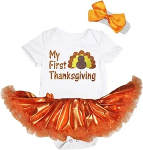 My First Thanksgiving Turkey Bodysuit Tutu Baby Dress Girl Outfit NB-18M - Picture 1 of 3