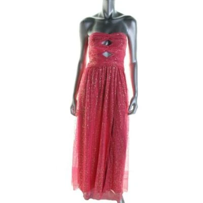 Hailey Logan ~ Hot Pink Gold Splash Mesh Cut-Out Slit Formal Gown 9/10 NEW $169 - Image 1 of 4