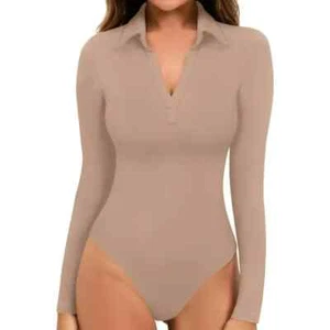 Women's Tan collared V neck long sleeve bodysuit casual formal (S) - Picture 1 of 5