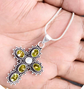 Multi Cut Peridot & Moonstone Gemstone 925 Sterling Silver Cross Dainty Pendant - Picture 1 of 8