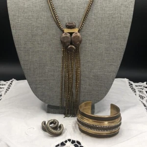 Silpada KR ‘Leather Together’ Brass Leather Necklace, Cuff and Hoop Earrings - Picture 1 of 13