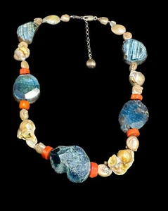 Sterling Silver Multi Gemstone Necklace Blue Fossil Coral Baroque Pearl Beads - Picture 1 of 7