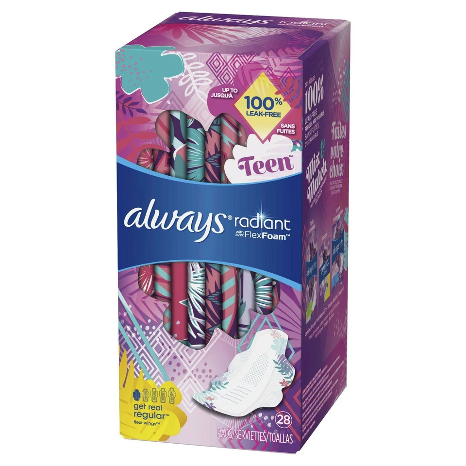 Always Radiant FlexFoam Totally Teen Pads Regular With Flexi Wings 28 Count