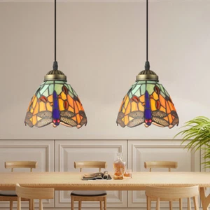 Vintage Dragonfly Art Pendant Light Tiffany Stained Glass Hanging Ceiling Lamp - Picture 1 of 10
