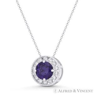Round Simulated Amethyst Cubic Zirconia Halo 14k White Gold 9mm Slider Pendant - Picture 1 of 1