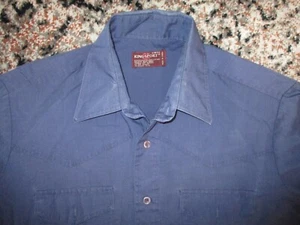 vtg 60s 70s KINGSPORT BUTTON FRONT SHIRT Solid Navy Blue Mens MEDIUM 15-15.5 - Picture 1 of 5