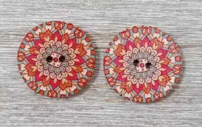 boho wood flowers buttons sewing 2 holes 1 inch red (set #1113) 2pc - Image 1 of 2