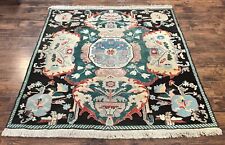 Square Turkish Rug 7x7, Vintage Handmade Wool Carpet, Black Beige Green