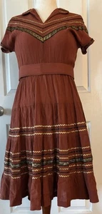 Womens Med Tex Mex Western Rust w/Gold & Black Accents Cotton Gauze Dress - Picture 1 of 7
