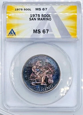 1975 SAN MARINO 500 Lire Silver St Marinus, Stonemason, Coin ANACS MS67 🔥Toner - Image 1 of 4