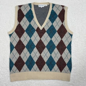 Vintage Mister Man Argyle Sweater Vest Mens Large Brown Blue Tan Wool Blend Knit - Picture 1 of 4