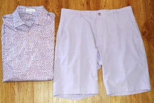 Peter Millar Summer Comfort Outfit M 32 purple shorts all over print shirt y4j8 - Picture 1 of 19