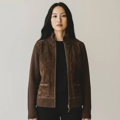 Chaqueta de gamuza lavable marrón chocolate para mujer con cremallera completa de cuero tejida talla L Foto 1 de 4