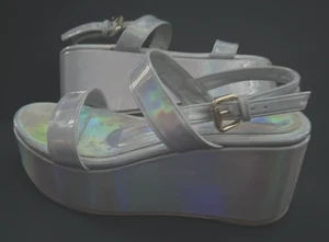 Women's Size 7 SILVER Platform Heels GIA VENTOLA Holographic Iridescent Sandals - Picture 1 of 15