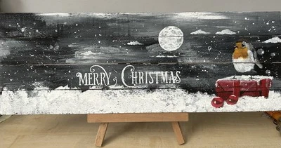 Hand Painted Christmas Robin Picture Onto Wooden Board 495 X 175 X 20mm - Image 1 of 2