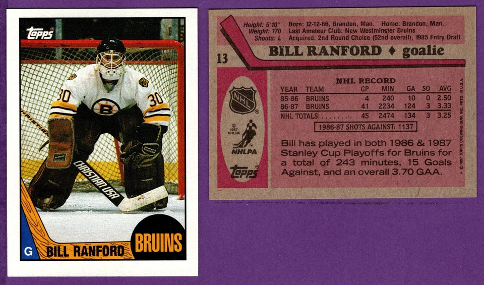 Bill Ranford Boston Bruins 1987-88 Topps Hockey Rookie Card #13 NrMt or Better - Image 1 of 1