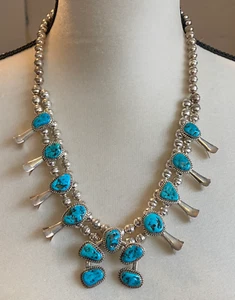 Signed JM James Mason Sterling Silver Turquoise Squash Blossom Necklace Earrings - Picture 1 of 7