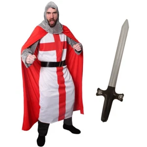 MENS KNIGHT COSTUME ADULT ST GEORGE FANCY DRESS MEDIEVAL ENGLISH CRUSADER MAN - Picture 1 of 8