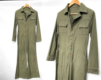 Traje de Caldera Vintage EE. UU. 1960 Acampanado Militar - Mono de Algodón Cremallera Verde Ejército XS Foto 1 de 4