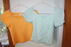 Abercrombie Kids Size 9-10 Yellow & Blue Smocked Short Sleeve Crop Tops Set of 2 - Picture 1 of 6
