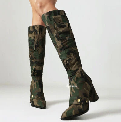 Botas hasta la rodilla de camuflaje punk para mujer Tacones altos Punta puntiaguda Cremallera Botas de caballero Foto 1 de 4