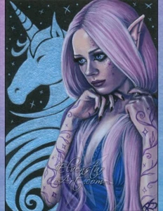 Fantasy Art PRINT Unicorn Elf Pastel Pink Hair Blue Magic Whimsical Portrait - Imagen 1 de 1