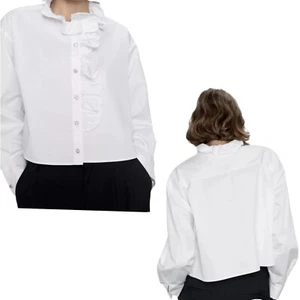 Zara Womens White Shirt Cropped Top Ruffle Details Rhinestone Buttons Size S - Picture 1 of 12