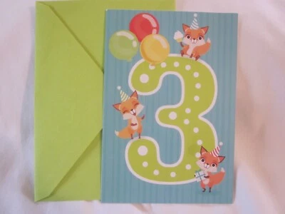 3 YEAR OLD ANIMAL BALLON BIRTHDAY GREETING CARD 5 X 7" - Image 1 of 3