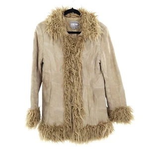Rave Suede Penny Lane Coat Women's M Beige Patchwork Faux Fur Y2K Vintage Hippie - Picture 1 of 15