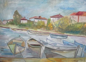 Pintura al óleo vintage paisaje urbano paisaje marino impresionismo firmada - Imagen 1 de 12