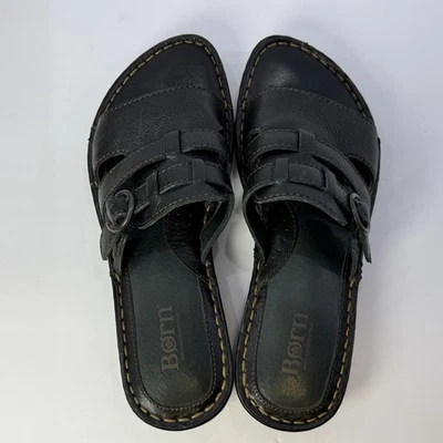 Born Black Pebble Leather Slide Sandals Y2K Womens 7 Buckle W31976 2000s - Image 1 of 4