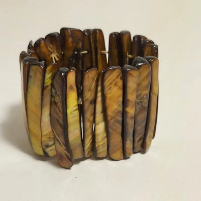 Abalone Bracelet Iridescent Brown Stretch Wide Chunky Beach Boho Neutral - Image 1 of 4