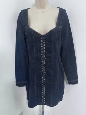 Vestido jeans Bebe detalhe ilhós feminino 12 clube noite festa manga comprida - Imagem 1 de 4