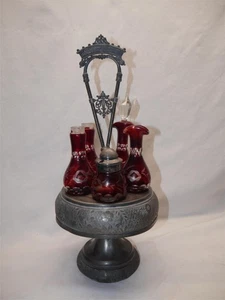 VINTAGE VICTORIAN RUBY CUT BACK CRYSTAL & ROTATING SILVER CUET OIL CASTOR SET - Picture 1 of 4