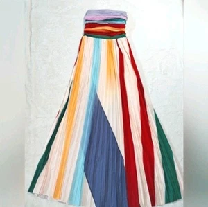 Maxi Vestido Color Block Pequeño Multicolor Plisado Sin Tirantes Línea A Calce Largo Acampanado - Imagen 1 de 6