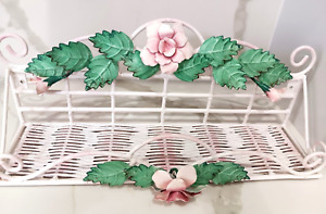 Rare Vintage Painted Metal Tole Shelf White w/ Pink Roses & Green leaves, Italy