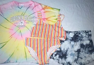 Girls 4pc Clothing Bundle Size L- VA Beach t, 2 Pc Bathing Suit, Shorts - Picture 1 of 10