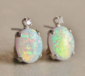2Ct Oval Simulated Fire Opal Diamond Stud Women Earring's 925 Silver Gold Plated