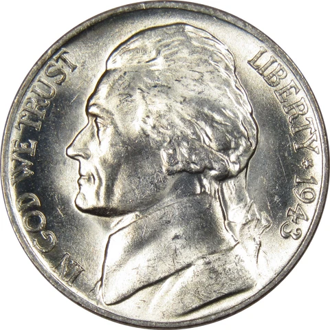 1943 P Jefferson Wartime Nickel BU Uncirculated Mint State 35% Silver 5c US Coin Cover