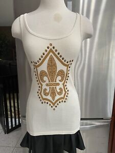 Bejeweled By Susan Fixel Studded Ribbed Tank Top Swarovski Crystal XS CREAM GOLD