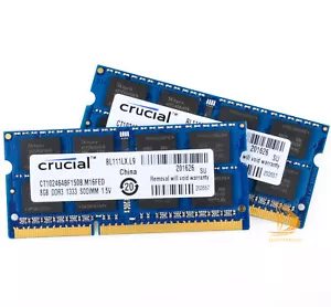 Crucial 2x 8GB 2Rx8 PC3-10600S DDR3-1333Mhz 1.5V SODIMM Laptop Memory RAM #Test# - Picture 1 of 6