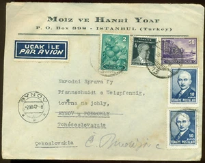 Turkey Merchant Moiz ve Hanri Yoaf 1947 Airmail Cover Abroad to Czechoslovakia  - Picture 1 of 1