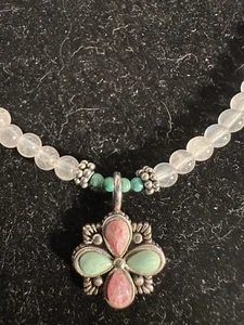 C BARSE Opalite Bead Necklace with Sterling Silver Mixed Stone Flower Pendant - Picture 1 of 11
